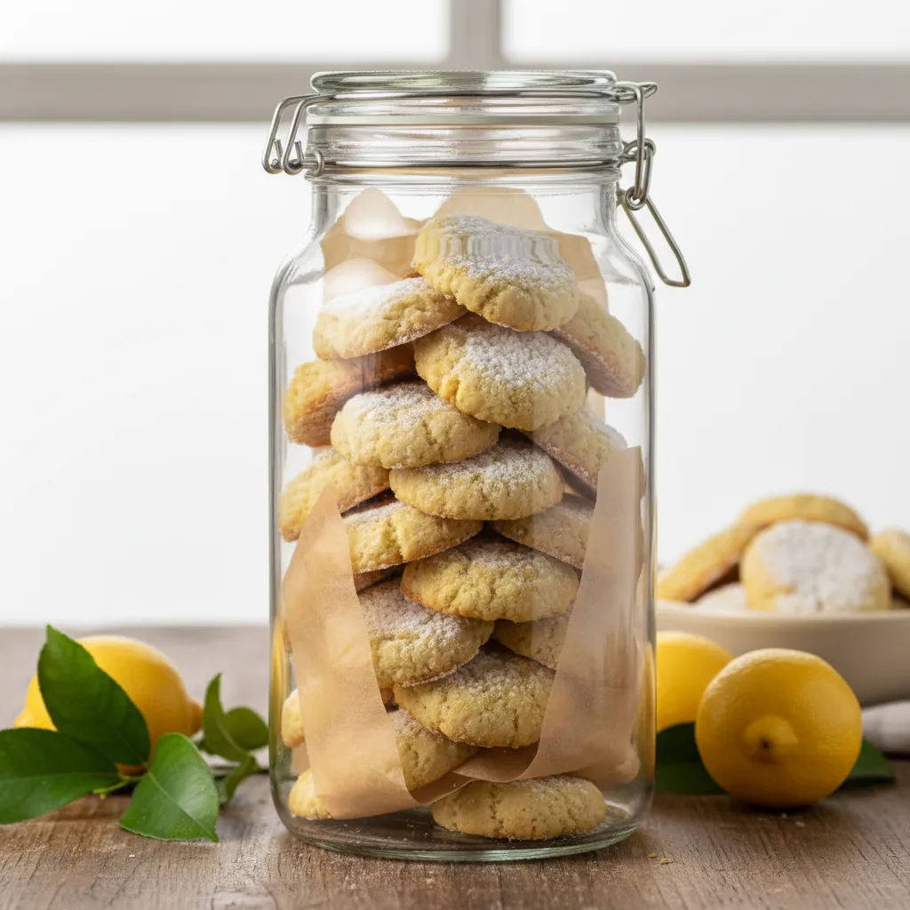 A glass storage container with lemon ricotta cookies layered between parchment paper