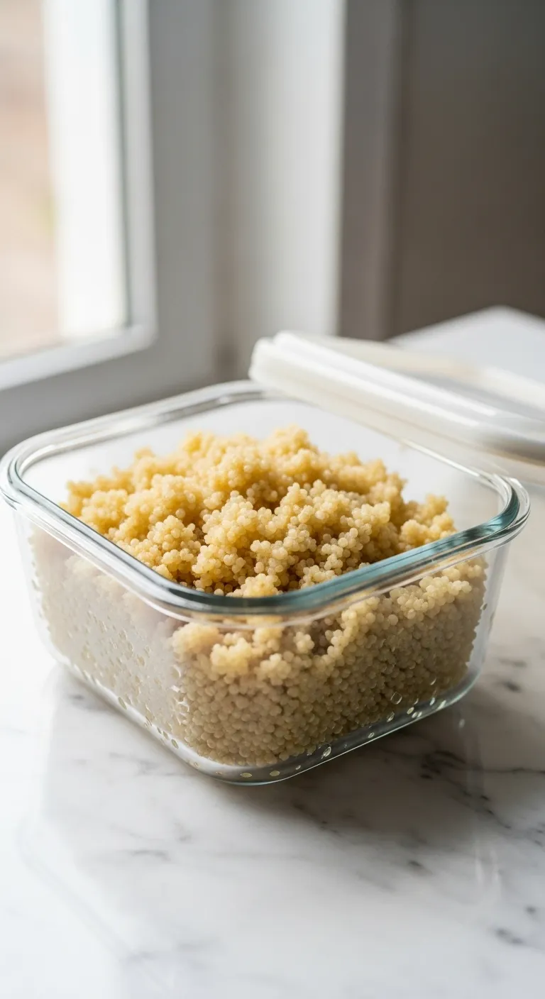 Glass container with cooked quinoa on a marble counter ready for storage