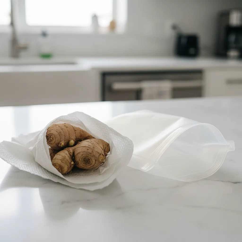 Fresh ginger root wrapped in paper towel for refrigerator storage