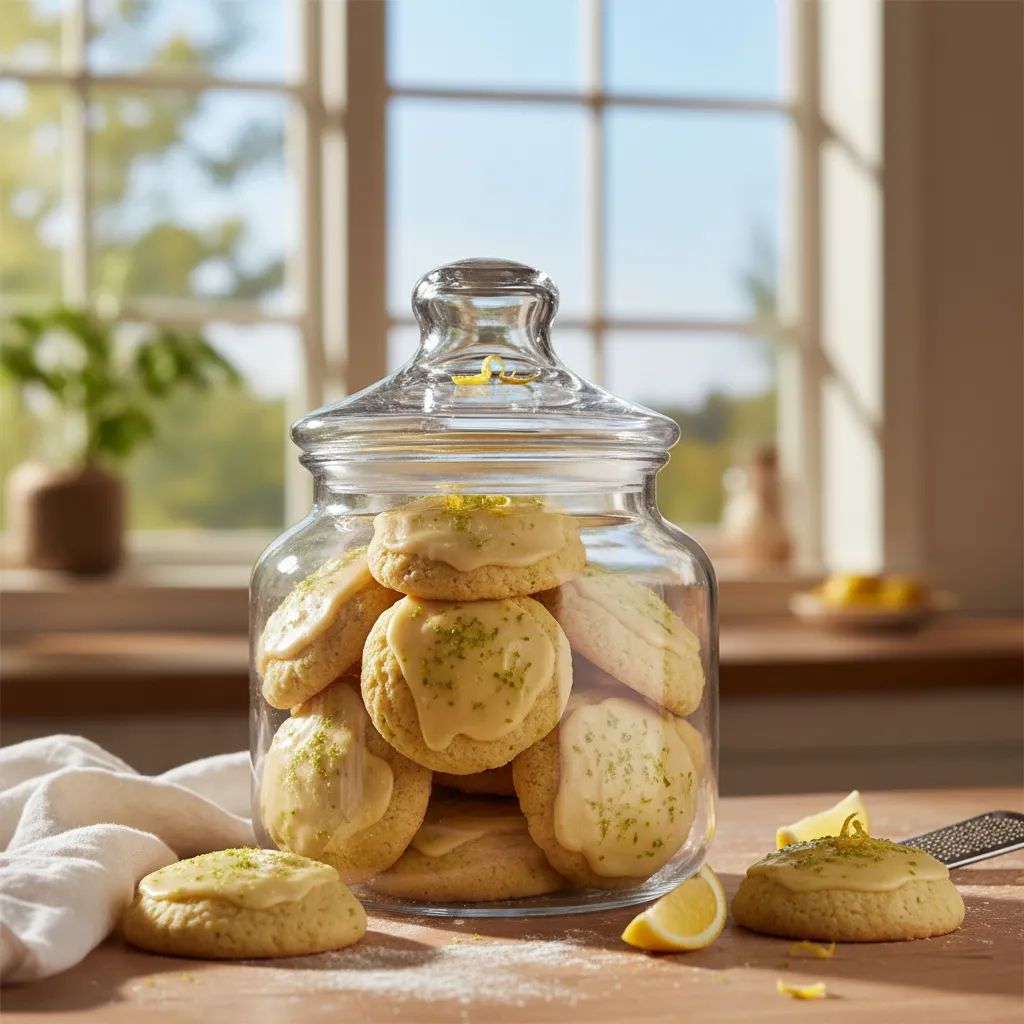 Glazed lemon ricotta cookies stored in a glass airtight container.