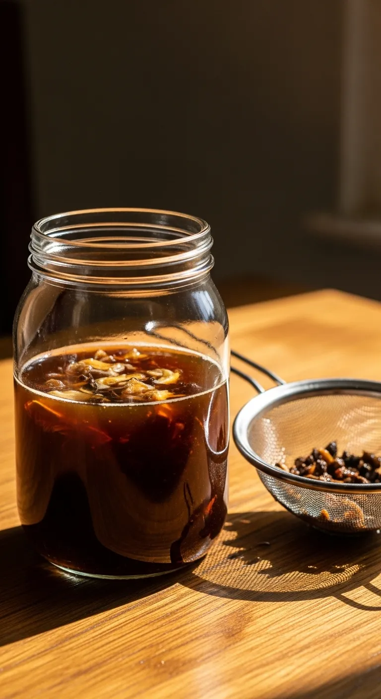 Strained homemade chai concentrate in a glass jar