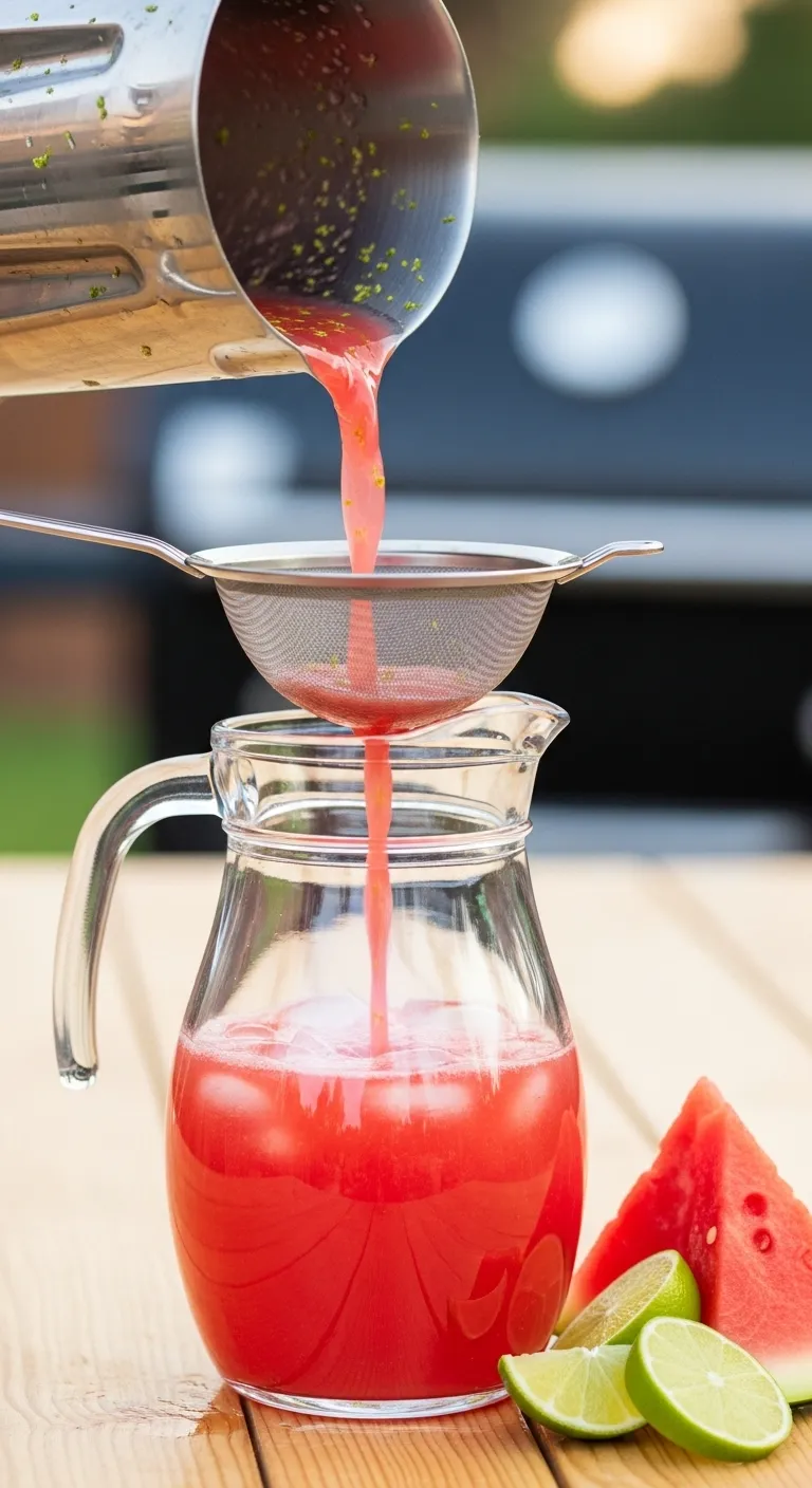 Straining blended watermelon into a pitcher for a mocktail