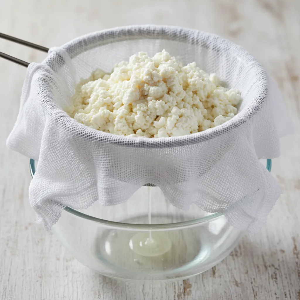 A bowl of strained ricotta cheese for baking