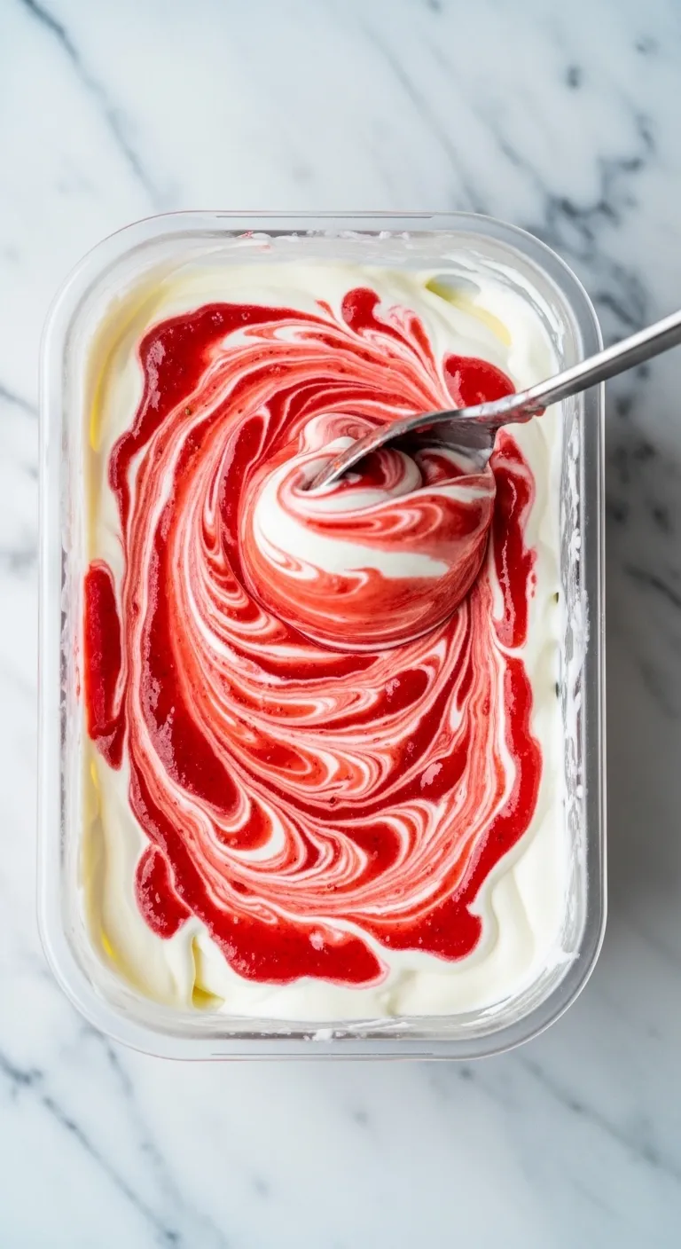Swirling red strawberry sauce into white ice cream base