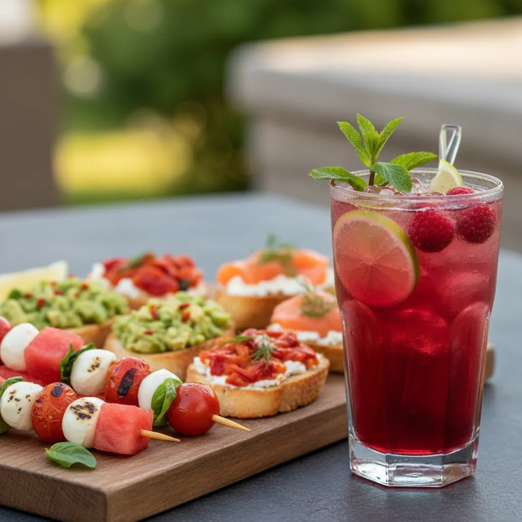 Colorful summer snacks paired with a refreshing non alcoholic drink
