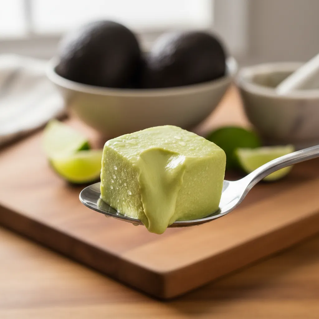 Frozen avocado cube beginning to thaw on a spoon