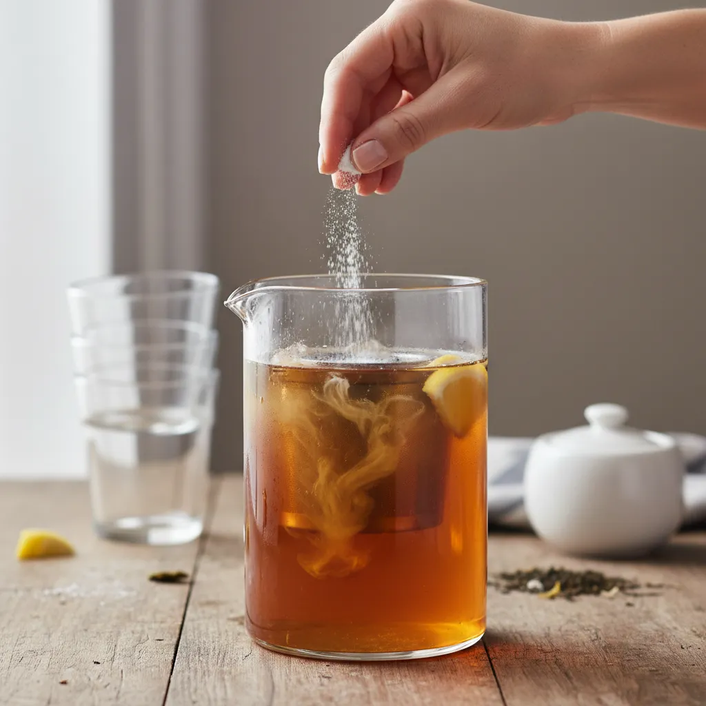 A close up shot of a pinch of baking soda being added to a tea pitcher.
