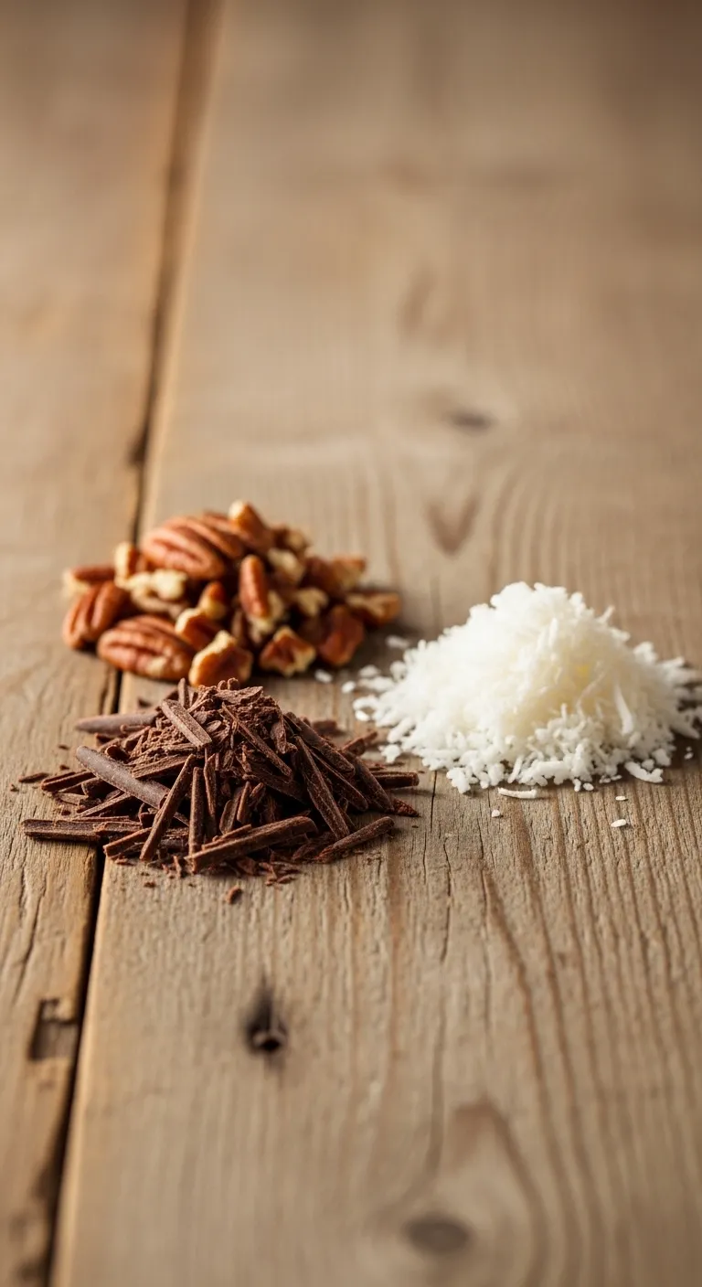 Three bowls of toppings including pecans chocolate and coconut next to cooked bananas
