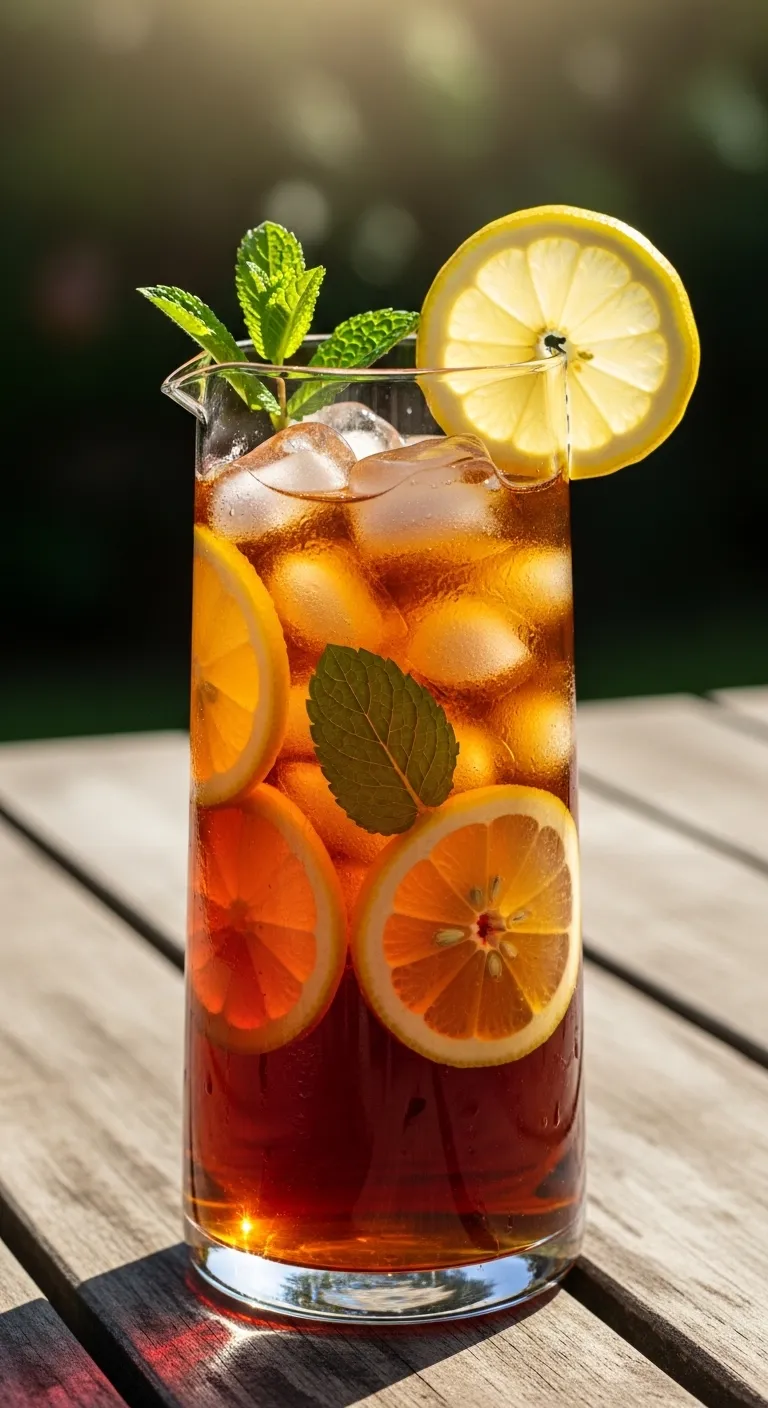 A pitcher of classic Southern sweet iced tea with lemon and ice