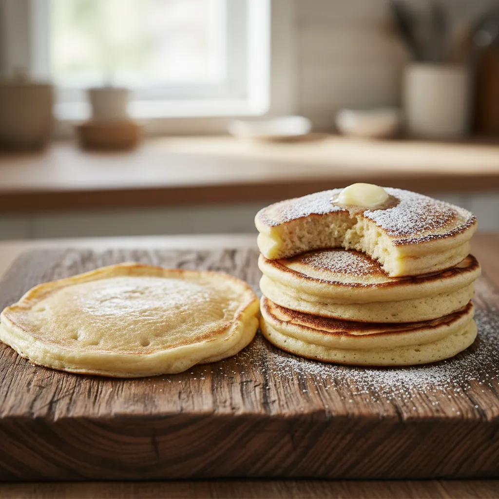 A side by side comparison showing a thin flat pancake and a thick fluffy pancake