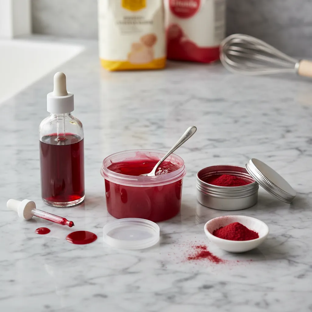 Selection of red gel and liquid food dyes on a counter