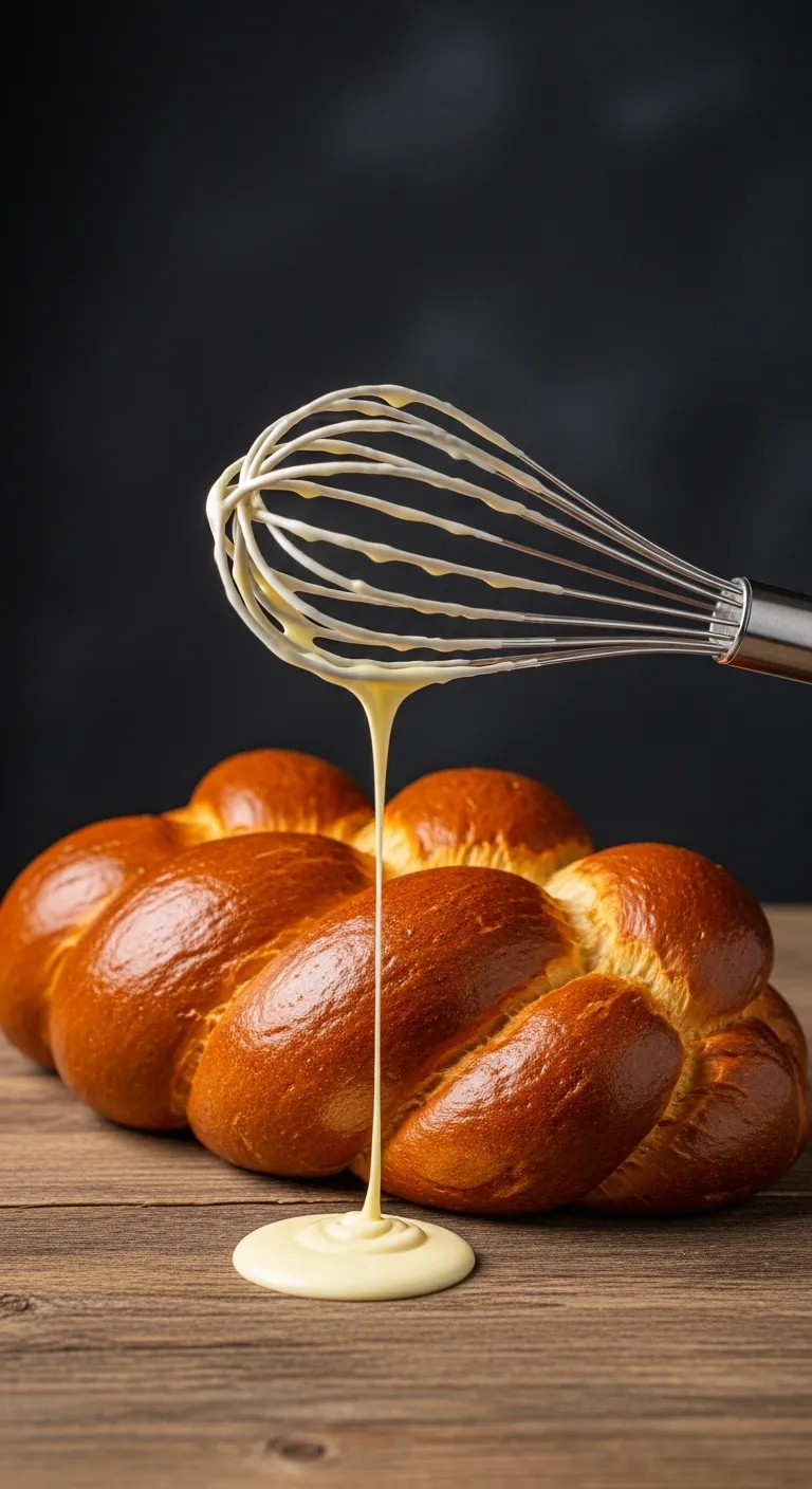Wire whisk with french buttercream and a braided challah loaf on a table