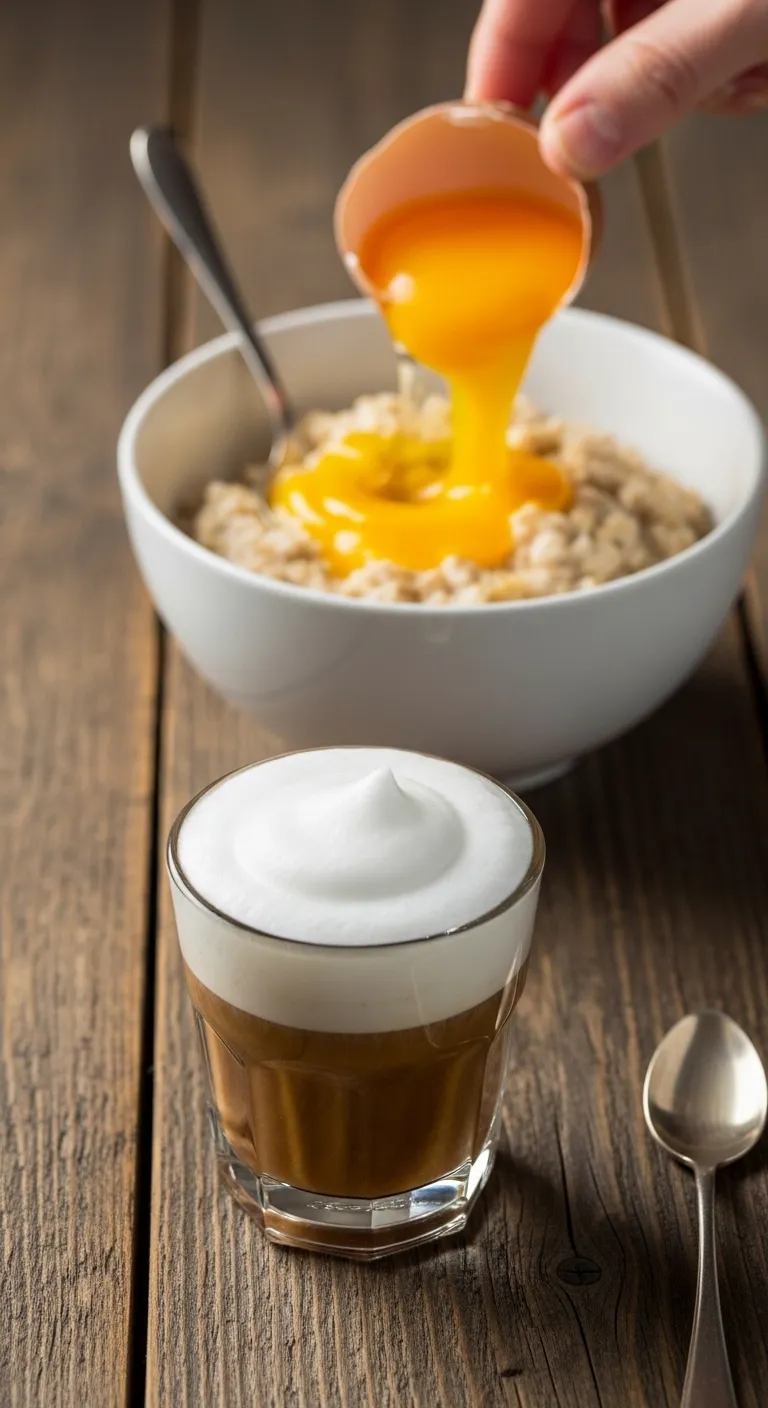 Vietnamese egg coffee and oatmeal with egg yolk