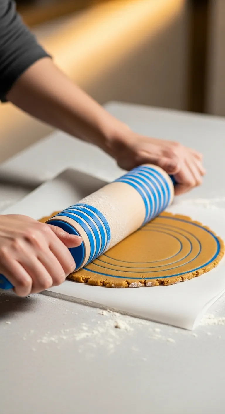 Baker rolling gingerbread dough between parchment paper using thickness guide rings
