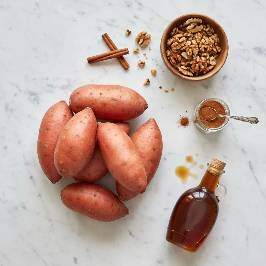 Ingredients for vegan sweet potato casserole including walnuts and cinnamon