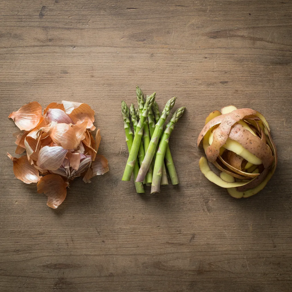 Separated piles of onion skins and asparagus ends for flavor profiling