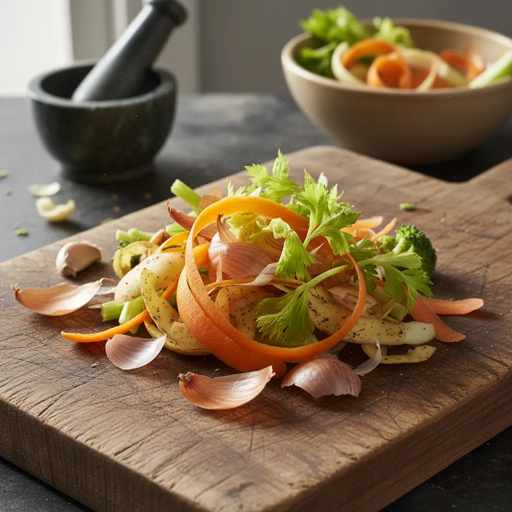 Assorted fresh vegetable peels and scraps ready for cooking use