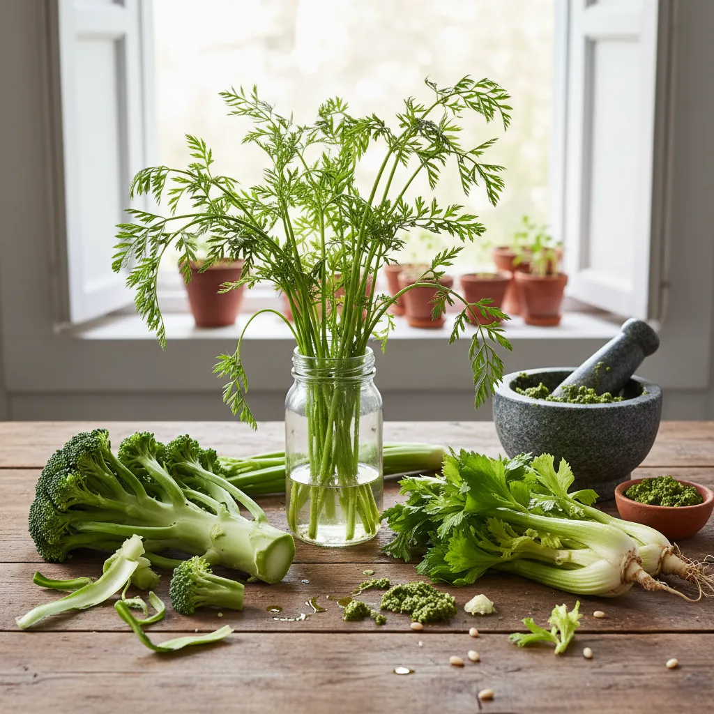 Fresh vegetable scraps including carrot tops and broccoli stems on a table