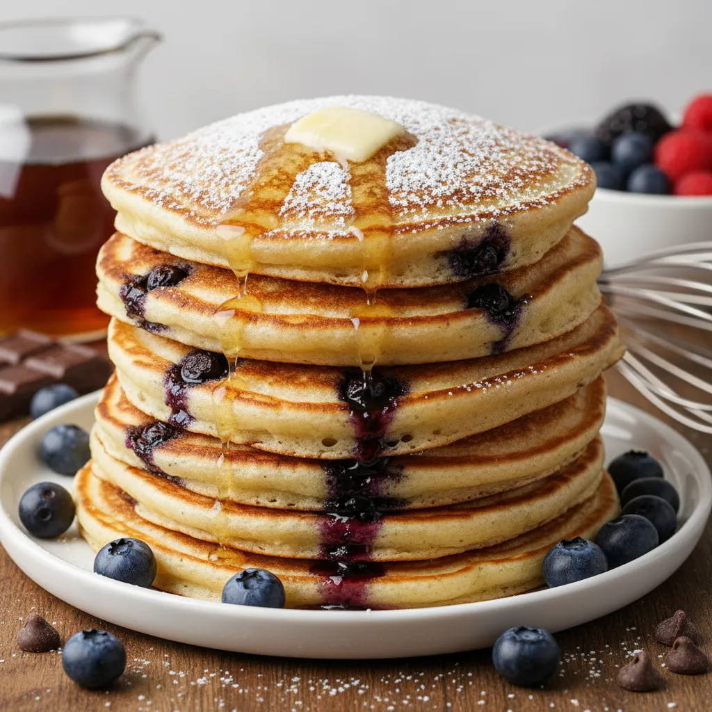 A stack of fluffy pancakes with various sweet and savory mix-ins.
