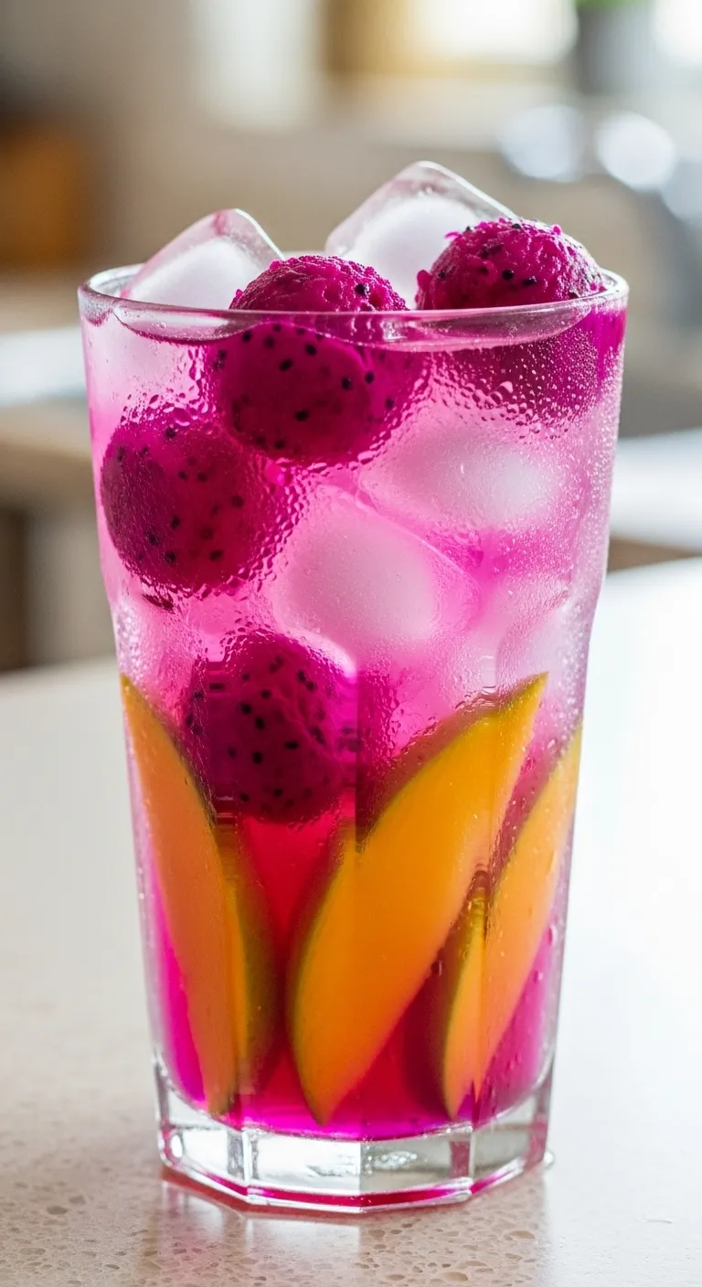 A vibrant pink Mango Dragonfruit Refresher in a glass with ice