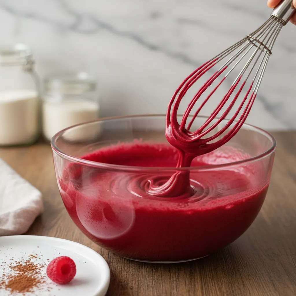 Close up of bright red cake batter being stirred in a bowl