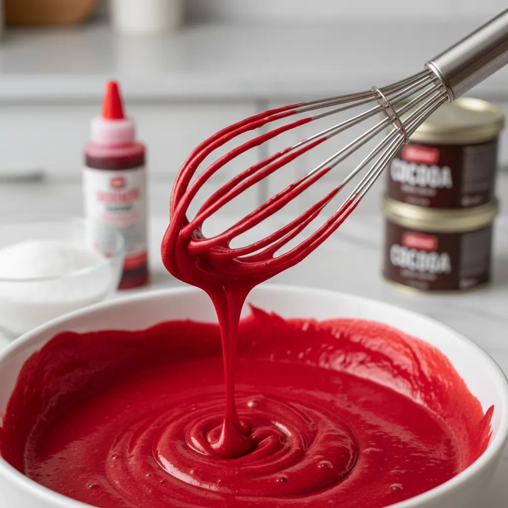 Whisk lifting bright red cake batter mixed with professional gel paste