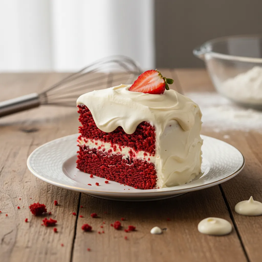 Slice of moist red velvet cake with cream cheese frosting