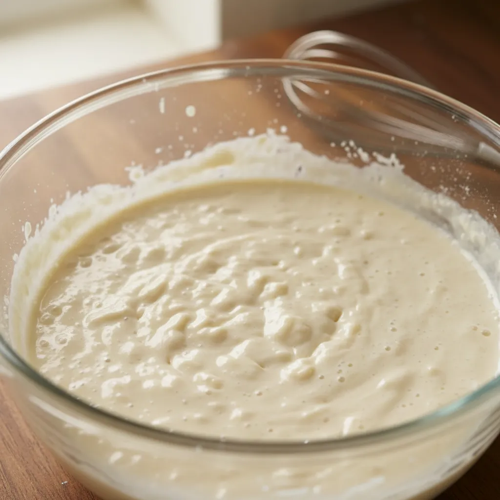 Close up of thick pancake batter with small lumps and bubbles