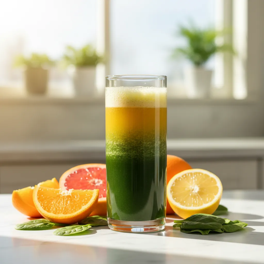 Vibrant citrus and spinach cold pressed juice in a glass for skin health