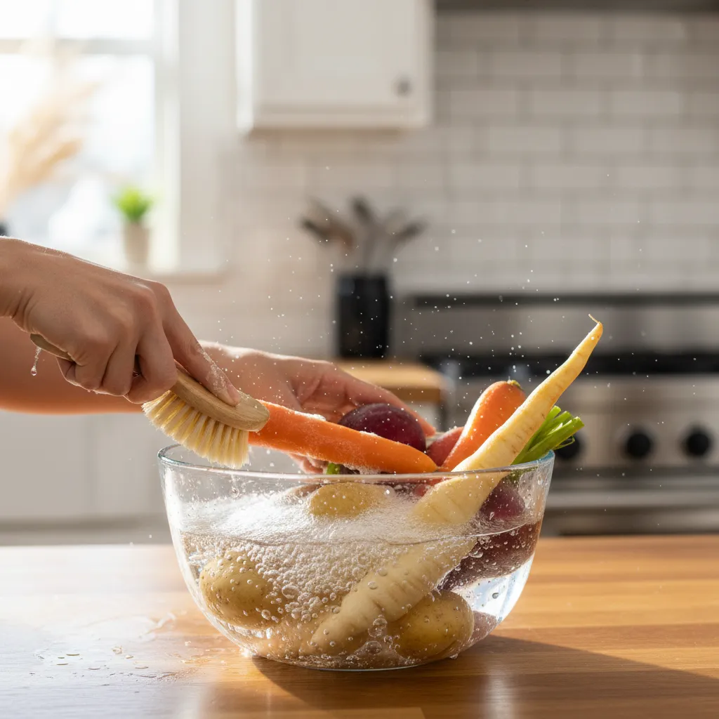 Scrubbing vegetables in water to remove pesticides