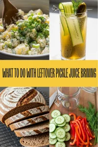 A jar of green dill pickle juice next to fresh chicken and herbs on a wooden board.