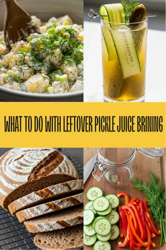 A jar of green dill pickle juice next to fresh chicken and herbs on a wooden board.