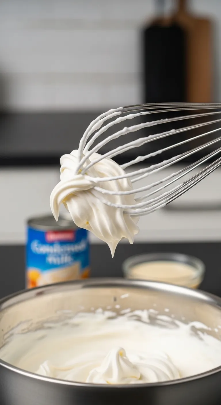 Stainless steel whisk holding stiff peak heavy cream for ice cream base