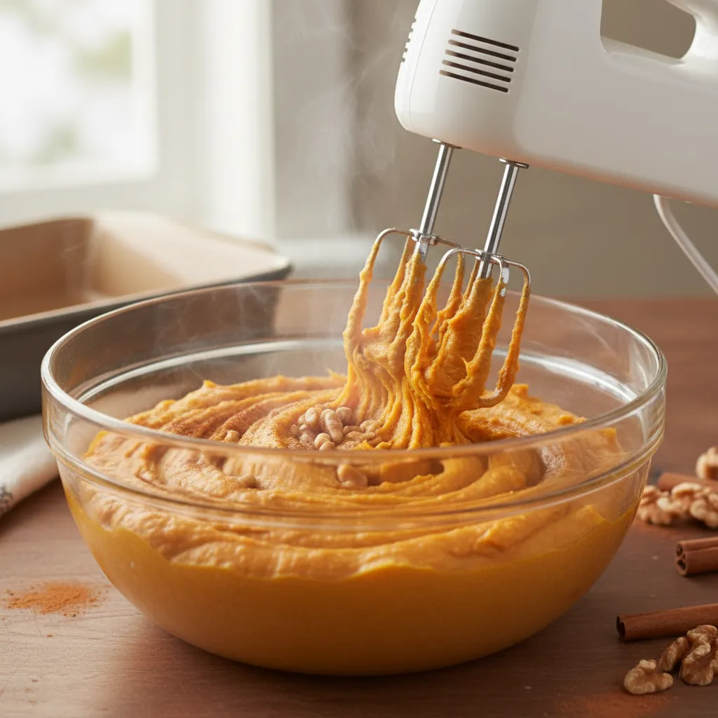 Whipping boiled sweet potatoes with a hand mixer for a smooth texture