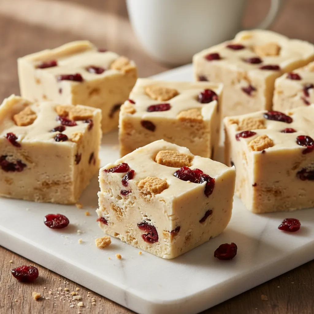 White chocolate sugar cookie fudge squares with dried cranberries on a marble board
