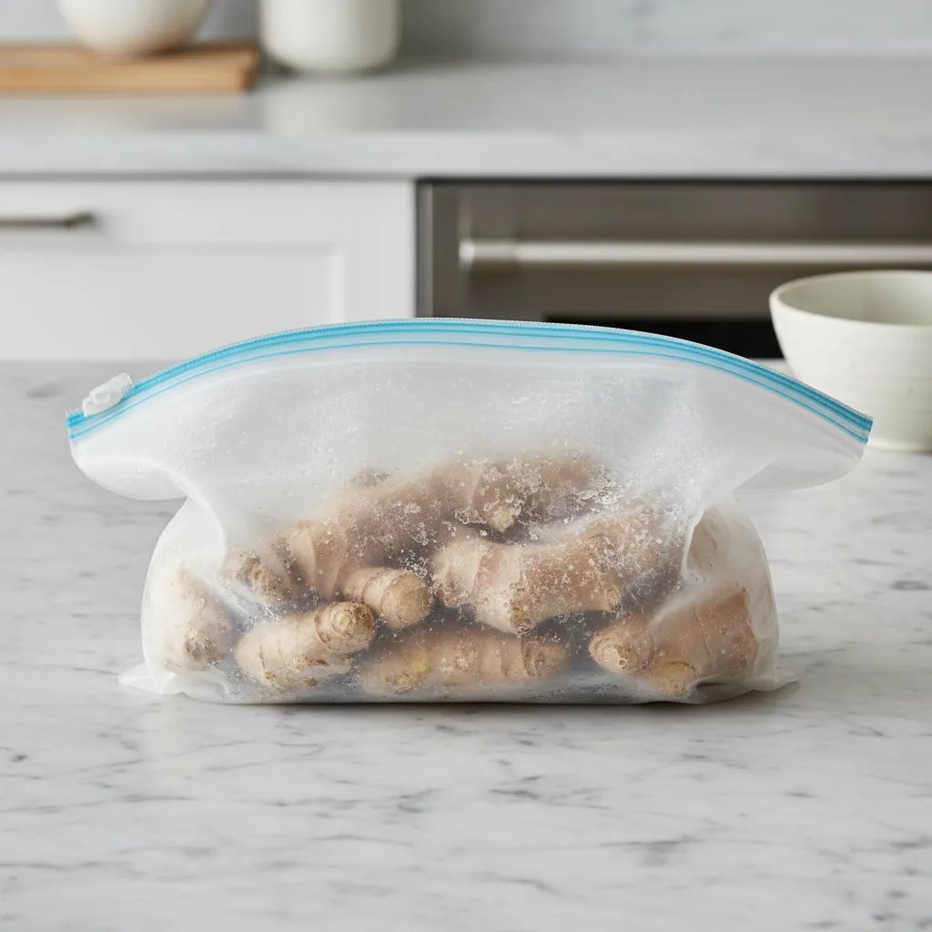Whole ginger roots stored in a freezer bag for long term preservation