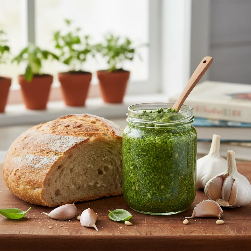 Jar of bright green carrot top pesto with walnuts and olive oil