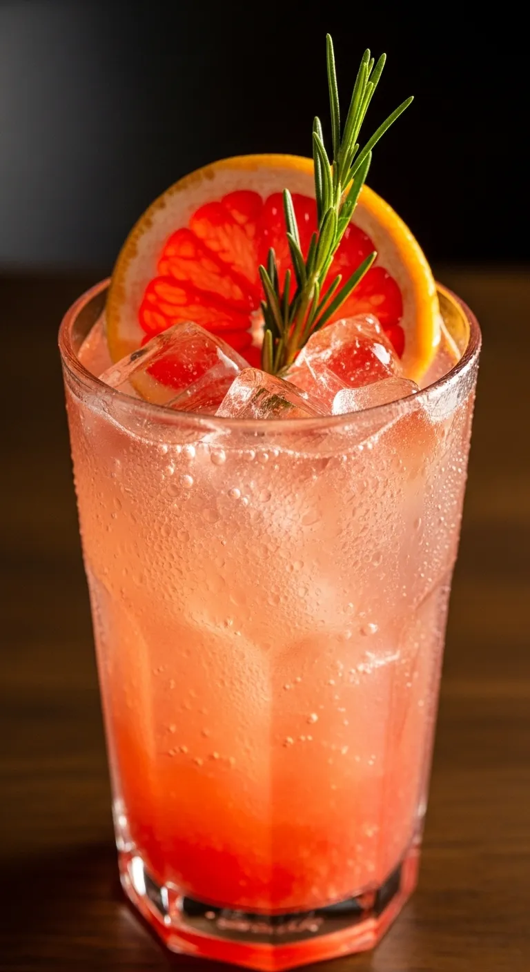Highball glass with pink grapefruit mocktail, rosemary garnish, and ice cubes