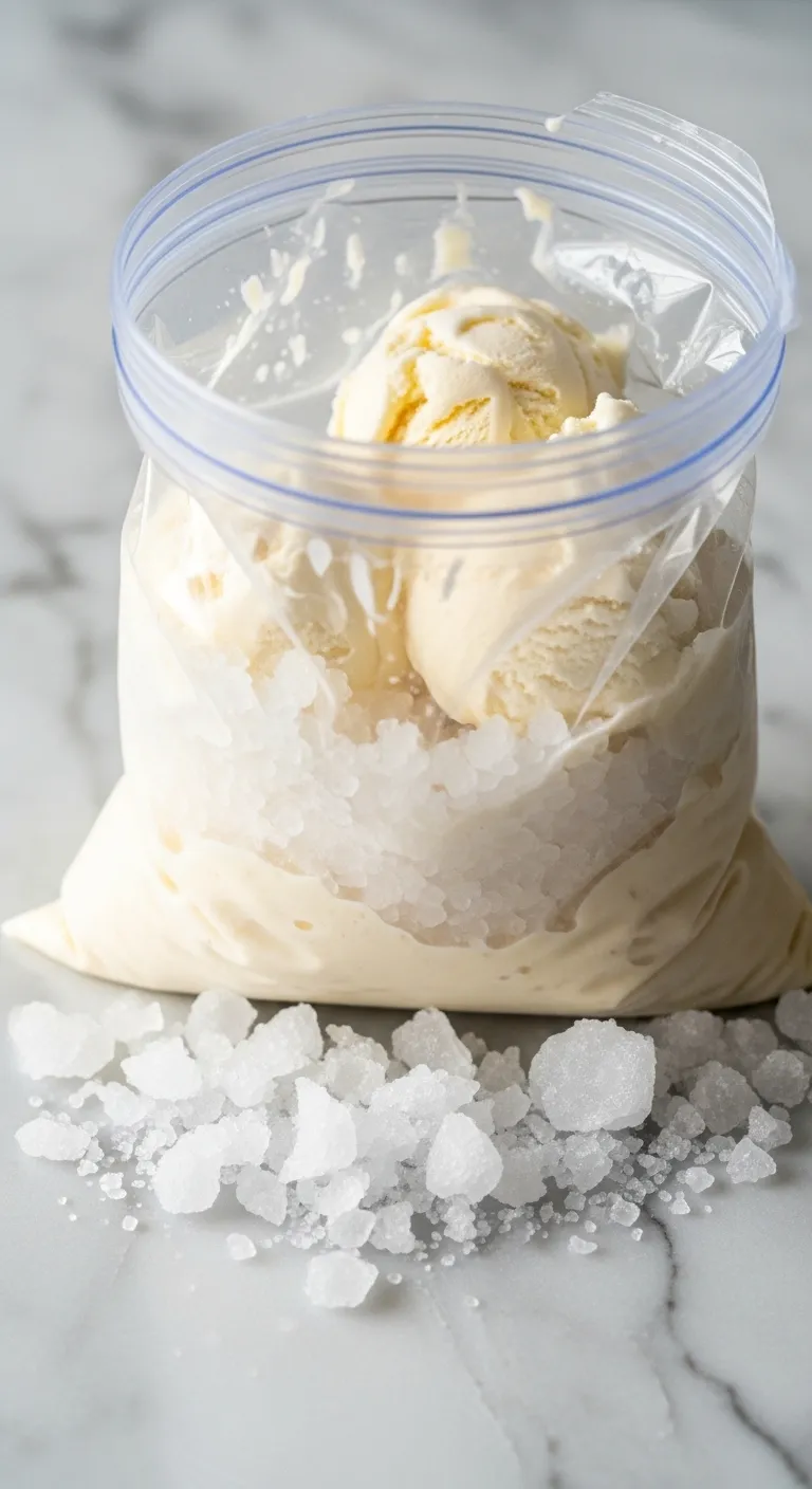 Homemade ice cream in a bag ingredients including salt and cream