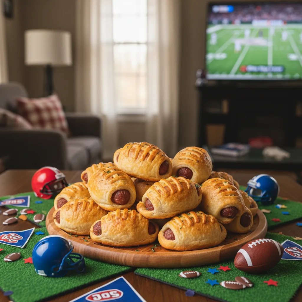 Mini sausage rolls with dough laces shaped like footballs for a Super Bowl party