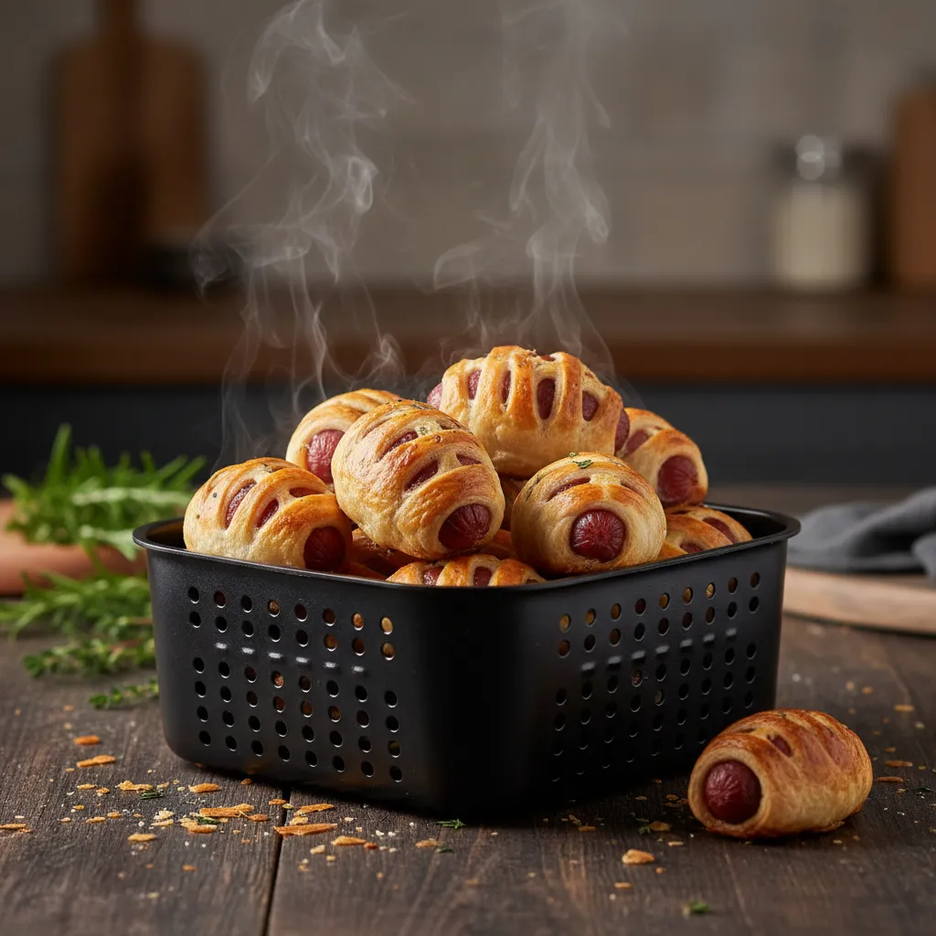 Crispy golden-brown sausage rolls inside an air fryer basket