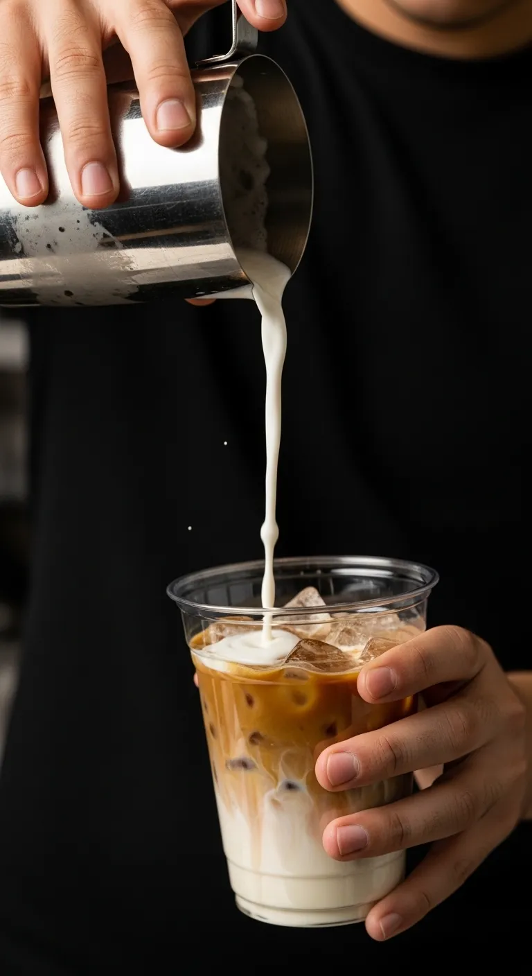 Barista pouring iced coffee between two cups using the Tom-Tom technique