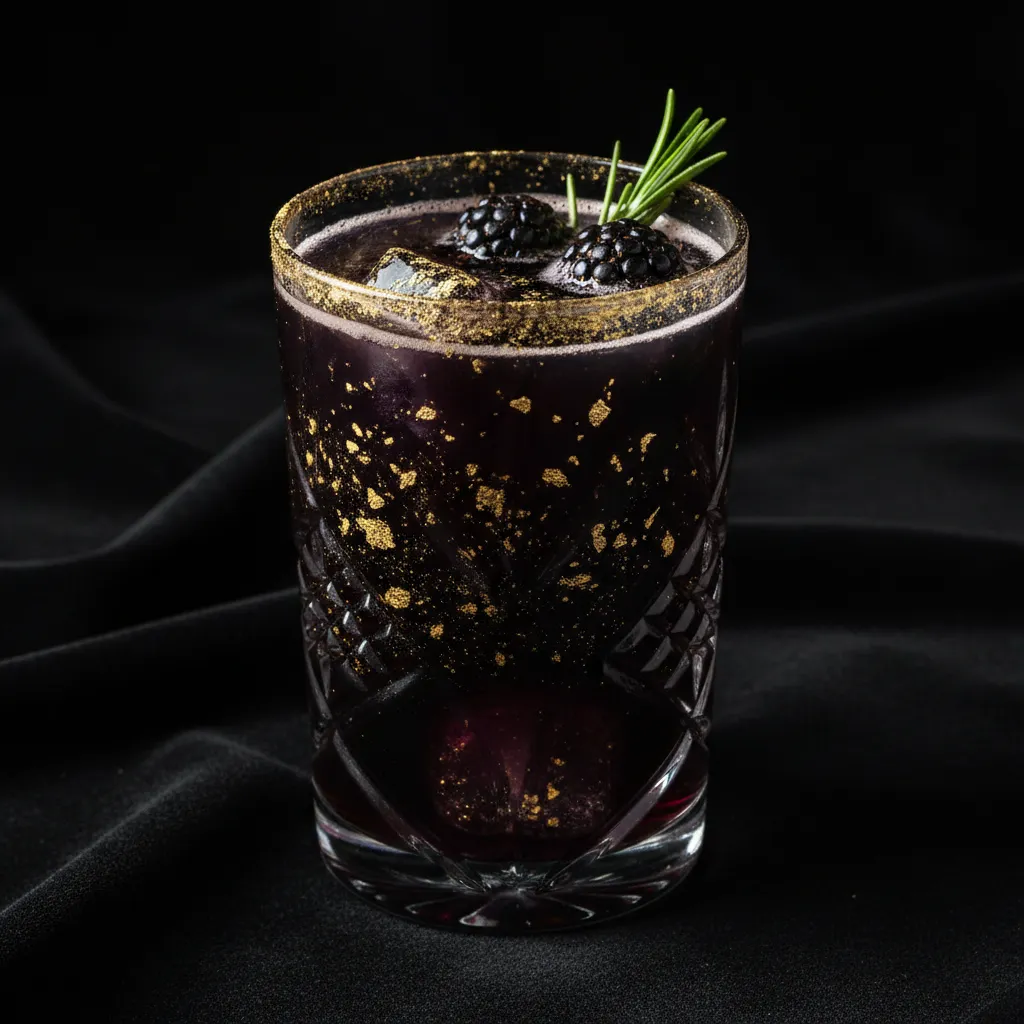 Aesthetic dark purple blackberry balsamic shrub mocktail with edible gold flakes