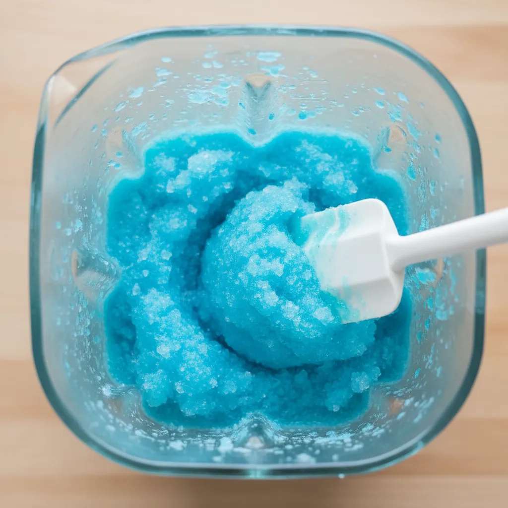 Blender filled with blue raspberry slushie mixture