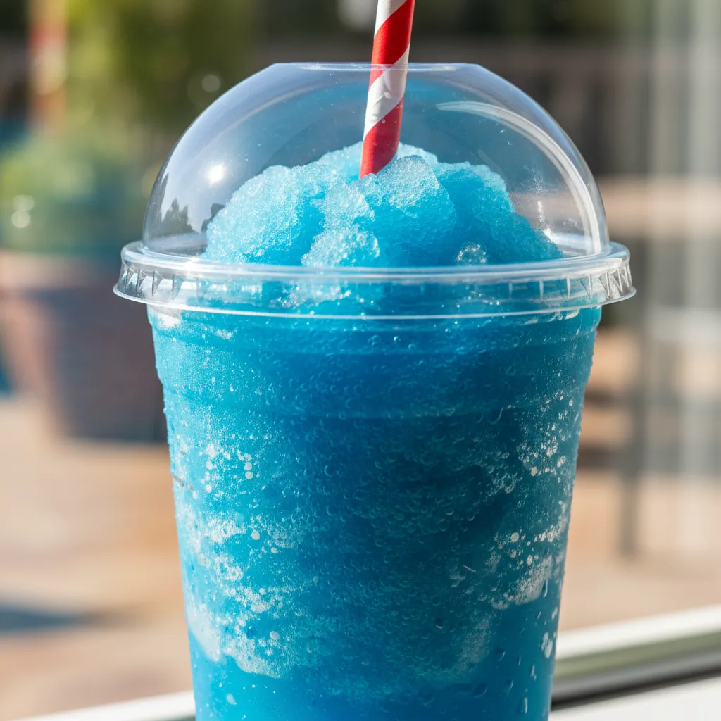 Homemade blue raspberry slushie with a red straw