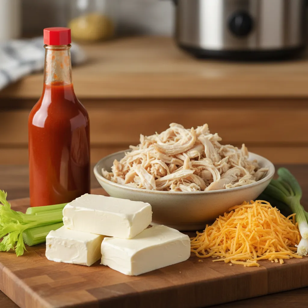 Ingredients for slow cooker buffalo chicken dip on a counter