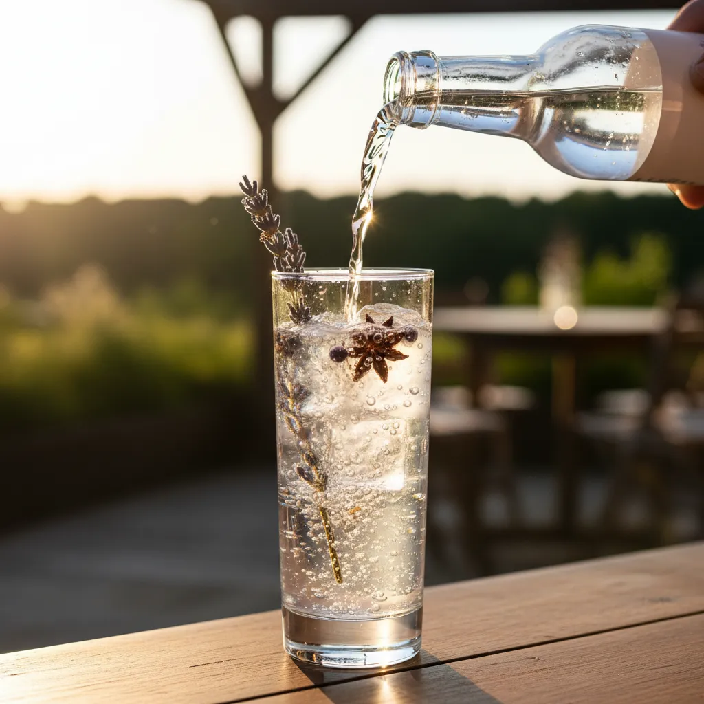 Pouring tonic water into a glass with high carbonation