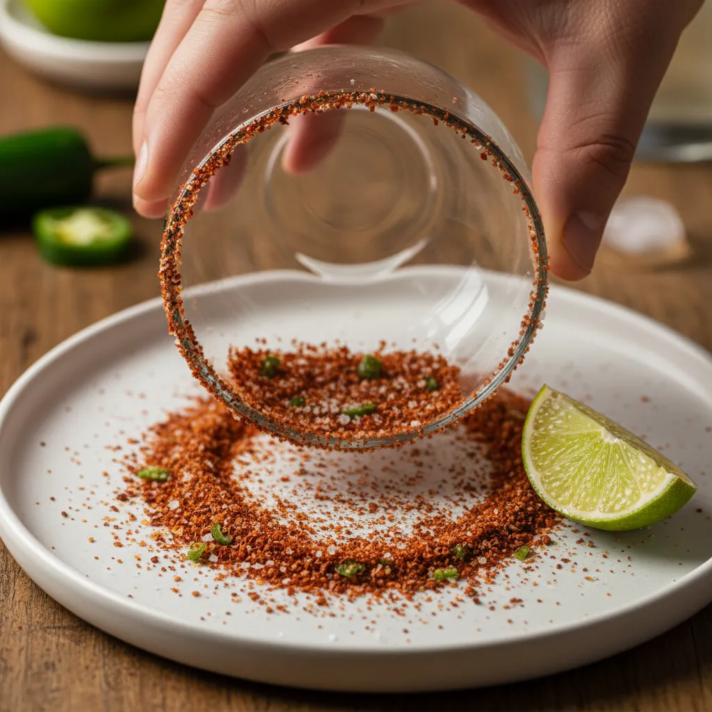 Glass rim dipped in chili salt mixture for spicy margarita