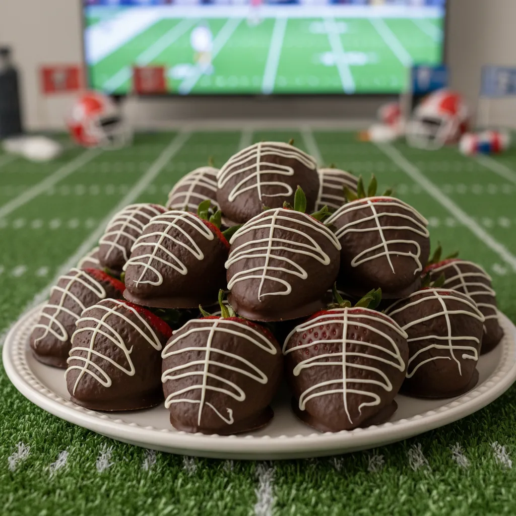 Gourmet chocolate dipped strawberries decorated as footballs for a Super Bowl party.