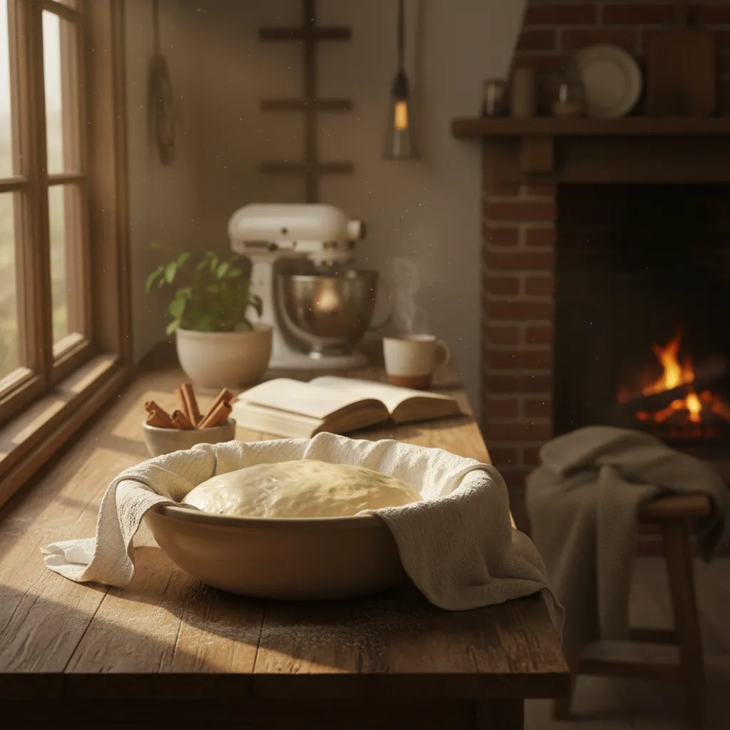 A bowl of homemade cinnamon roll dough rising on a rustic wooden countertop under soft light.